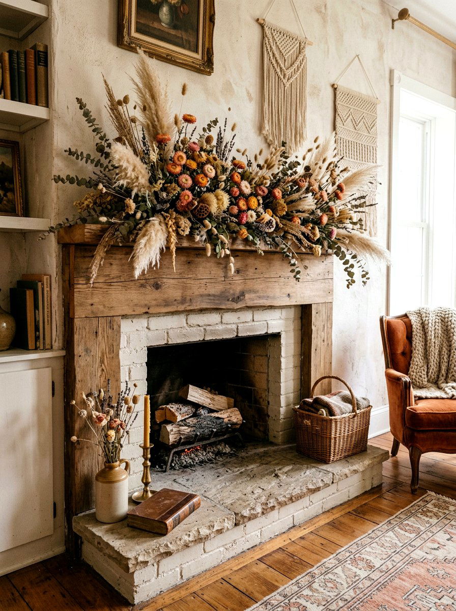Dried Flower Mantel - 25 Spring Garland Ideas for Mantel