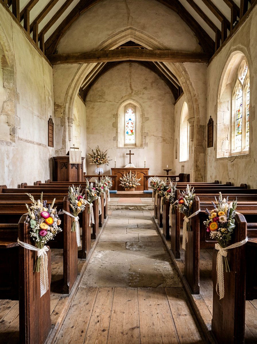 Dried Flower Mini Bouquets - 25 Spring Wedding Pew Decor Ideas