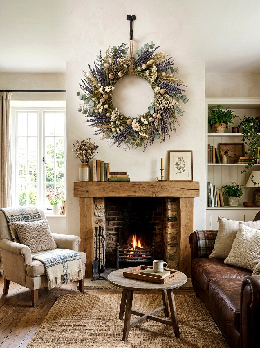 Dried Flower Wreath - 25 Spring Living Room Mantel Ideas