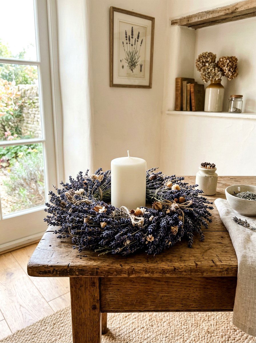 Dried Lavender Candle Ring - 25 Spring Candle Centerpiece Ideas