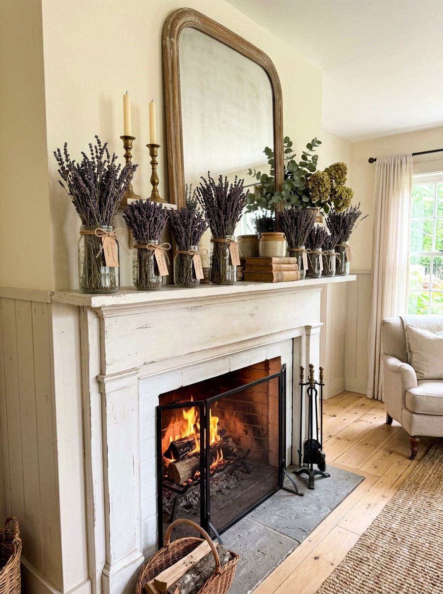 Dried Lavender Rustic Mantel - 25 Spring Rustic Mantel Ideas
