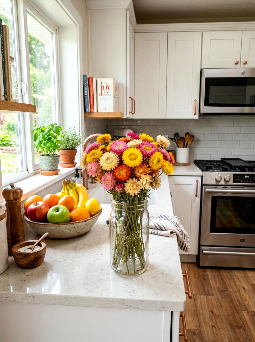 Dried Strawflower Jar - 25 Spring Dried Flower Arrangement Ideas