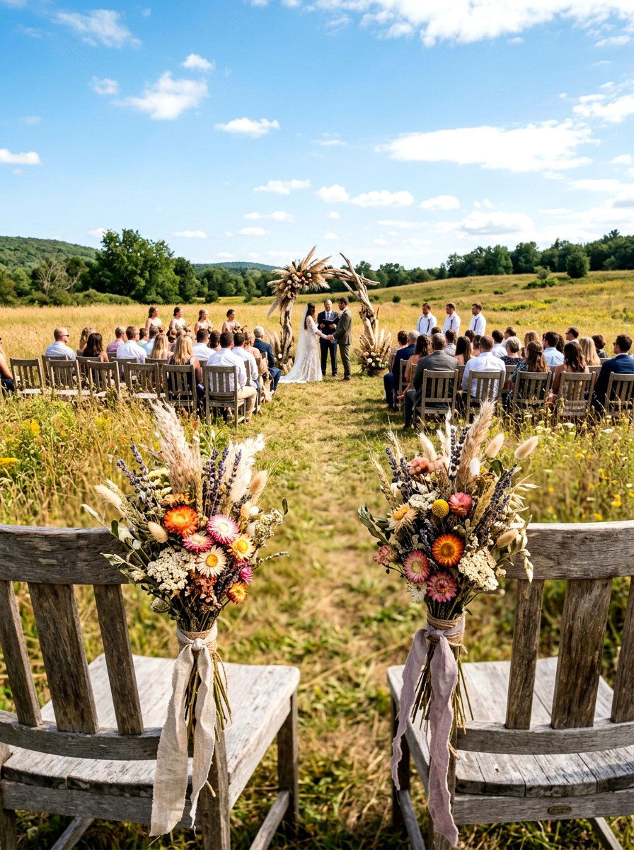 Dried Wildflower Bouquet - 25 Spring Wedding Chair Decor Ideas