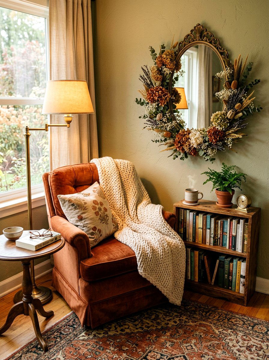 Dried flower wreath on oval mirror - 25 Spring Wreath on Mirror Ideas