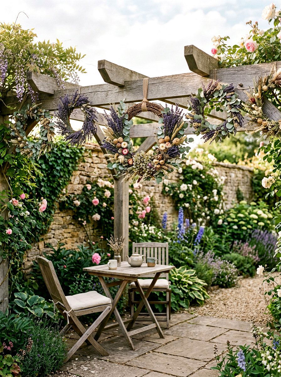 Dried flower wreaths - 25 Spring Pergola Hanging Decor Ideas
