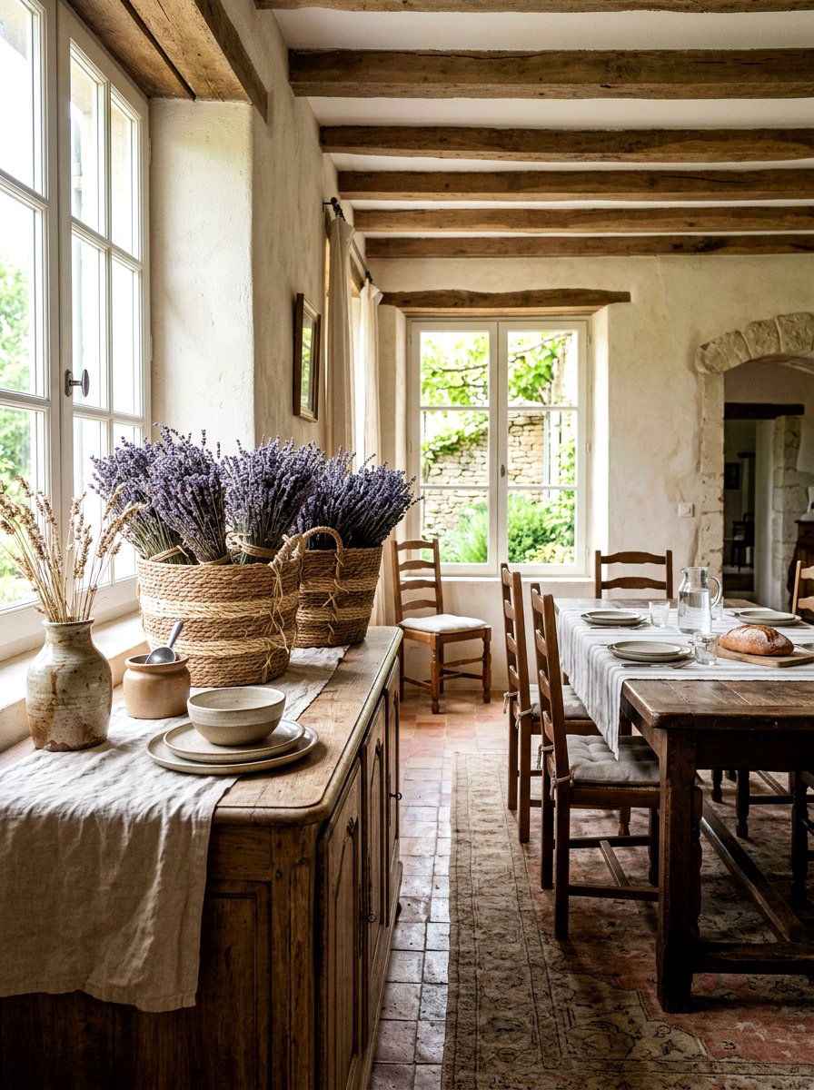 Dried lavender in baskets - 25 Spring Dining Room Buffet Ideas