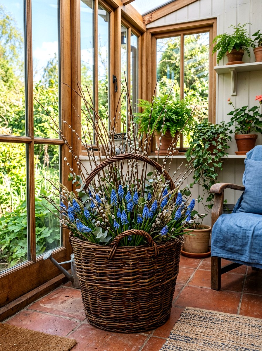 Dried willow and muscari basket - 25 Spring Muscari Arrangement Ideas