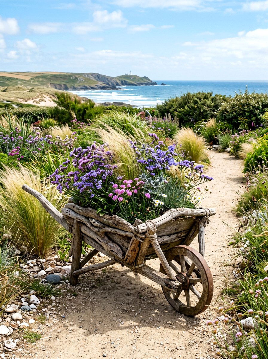 Driftwood And Flower Wheelbarrow - 25 Spring Wheelbarrow Decor Ideas