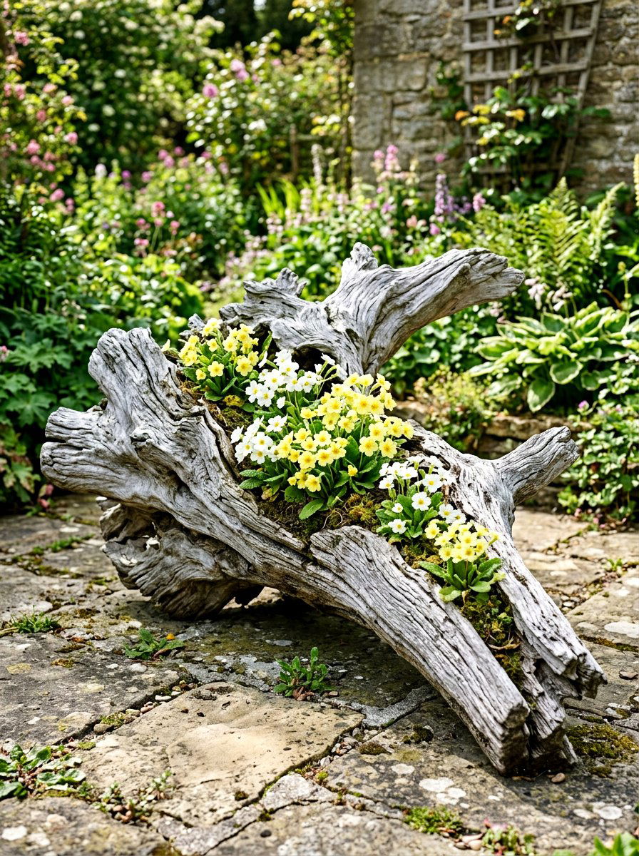 Driftwood Floral Display - 25 Spring Primrose Planter Ideas