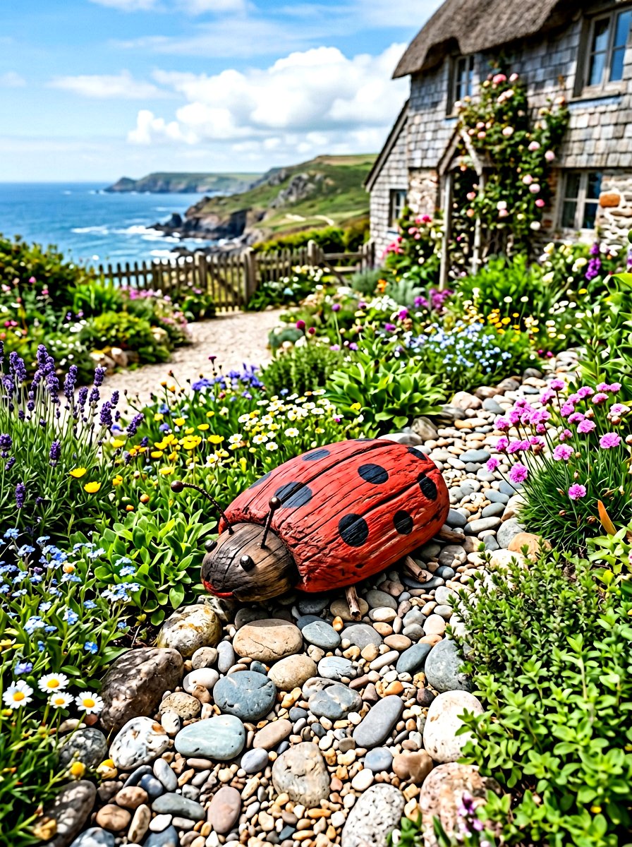 Driftwood Ladybug Garden Art - 25 Spring Ladybug Planter Ideas