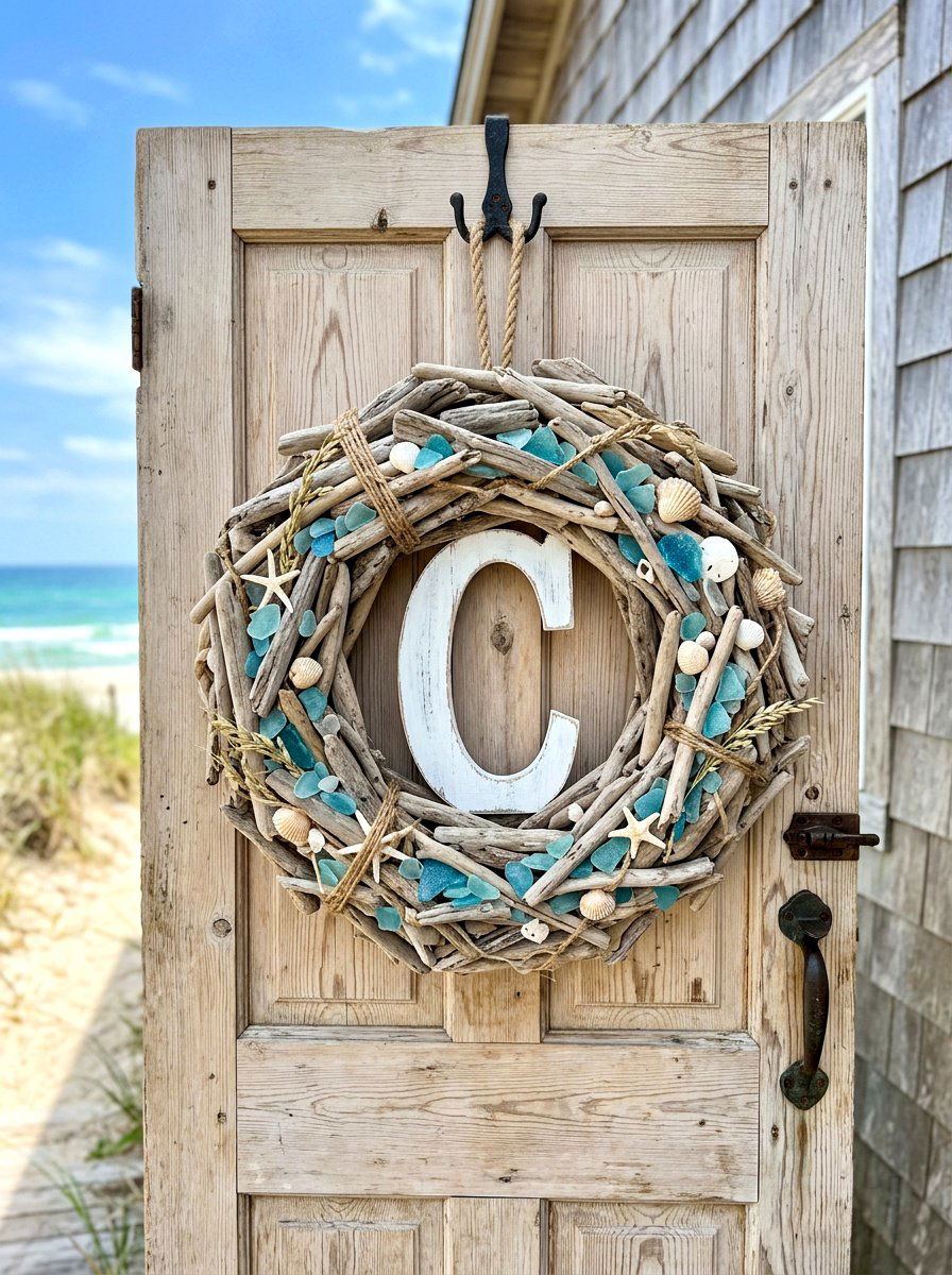 Driftwood Monogram Beach Wreath - 25 Spring Monogram Wreath Ideas