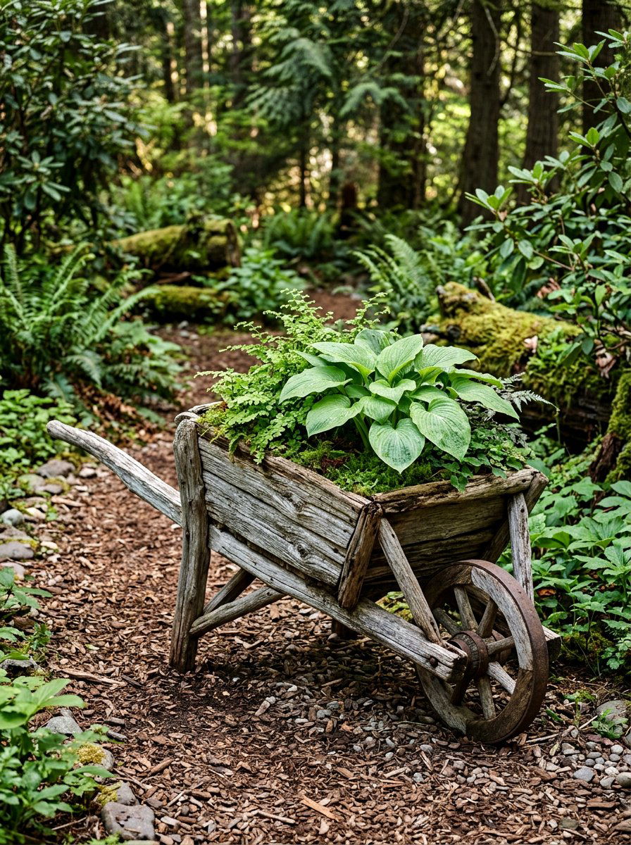 Driftwood Wheelbarrow - 25 Spring Wheelbarrow Planter Ideas