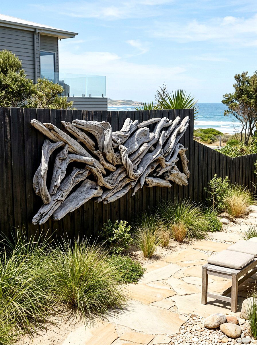 Driftwood wall sculpture - 25 Spring Garden Fence Decor Ideas