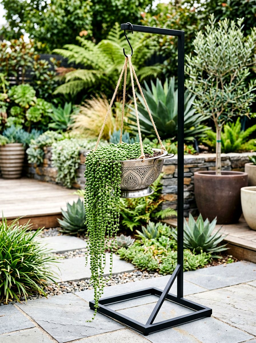 Drilled colander plant hanger - 25 Spring Colander Planter Ideas