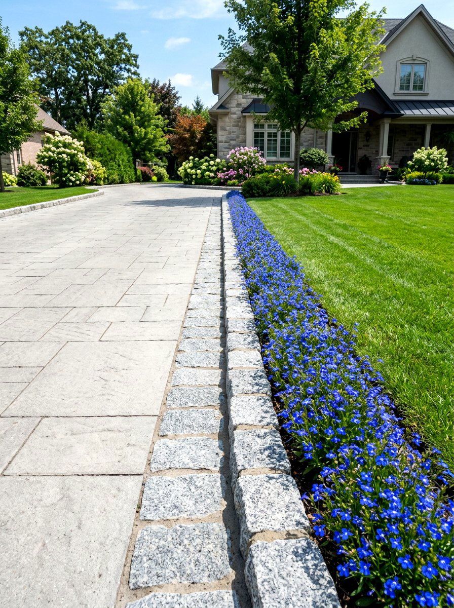 Driveway Curbing With Colorful Annuals - 25 Spring Driveway Decor Ideas