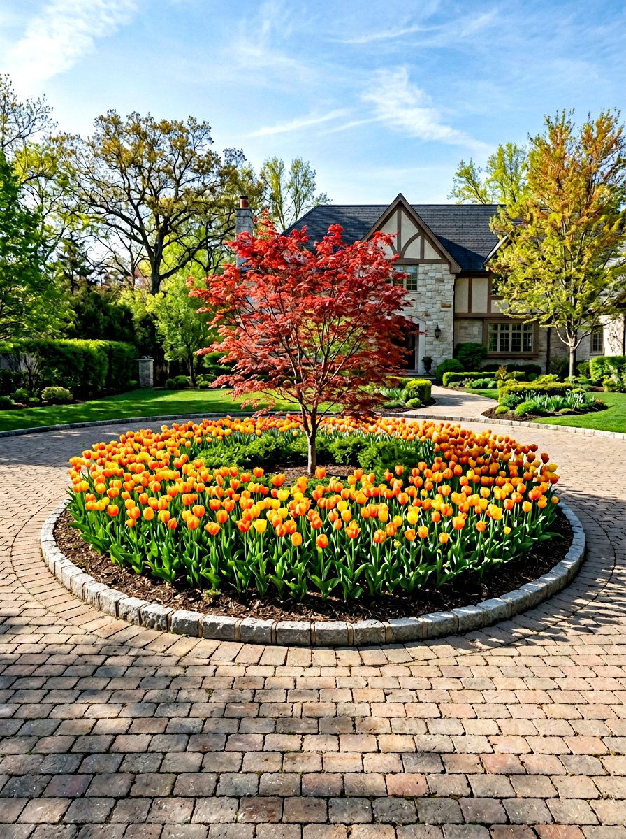 Driveway Island With Tulip Bed - 25 Spring Driveway Decor Ideas