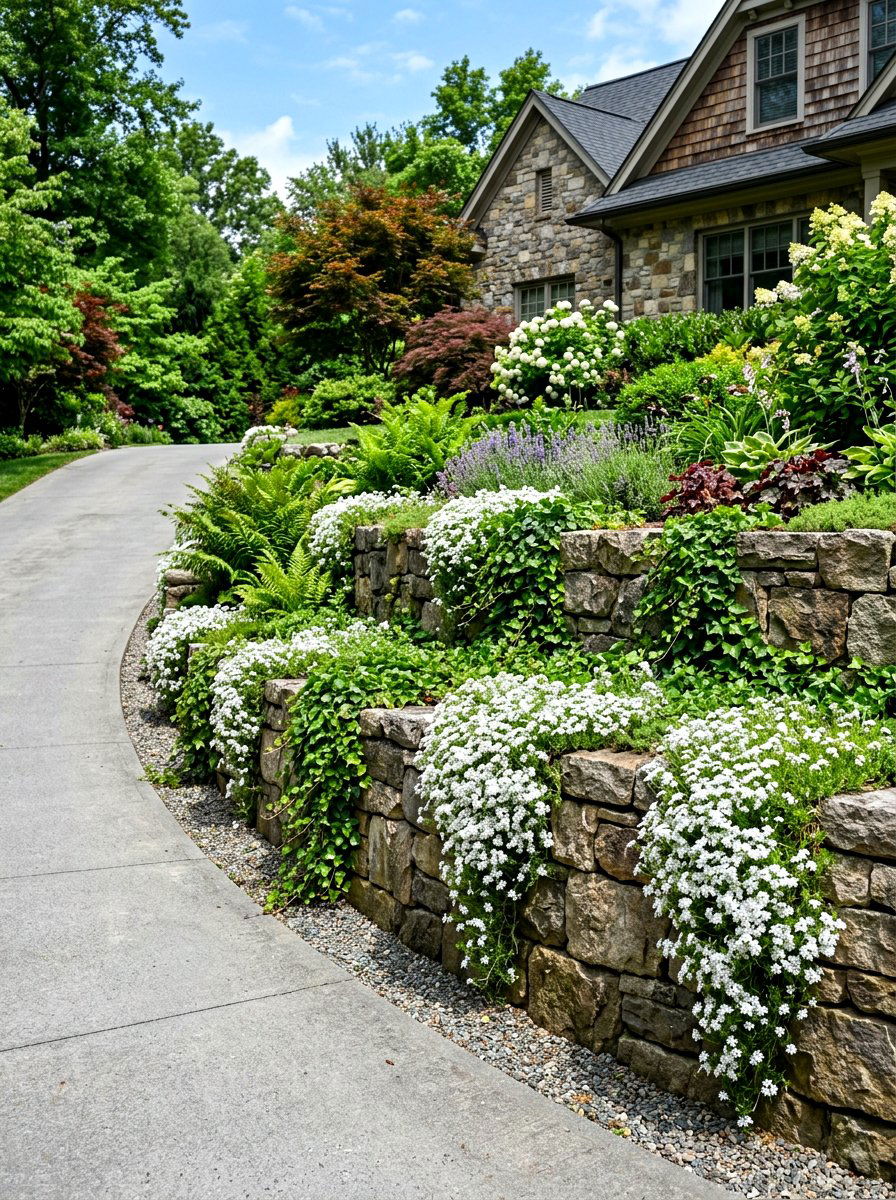 Driveway Retaining Wall With Spring Flowers - 25 Spring Driveway Decor Ideas