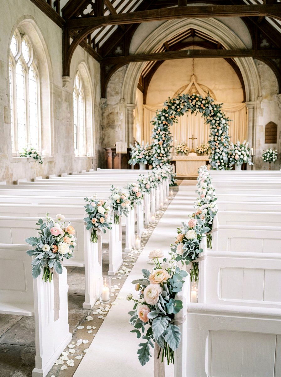 Dusty Miller Foliage Arrangements - 25 Spring Wedding Pew Decor Ideas