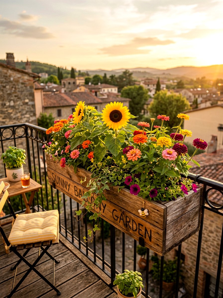 Dwarf Sunflowers And Zinnias - 25 Spring Balcony Flower Box Ideas