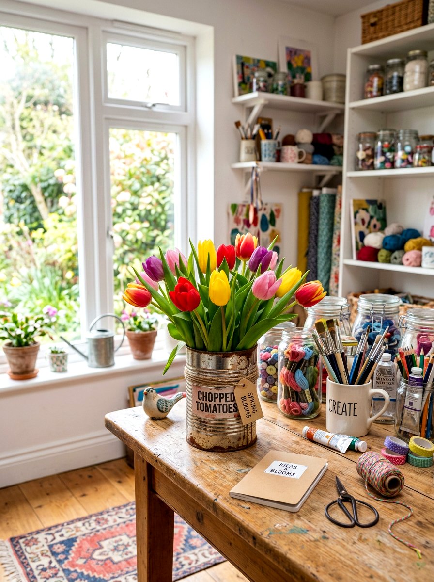 Early spring tulips in recycled tin can - 25 Spring Tulip Bulb Vase Ideas
