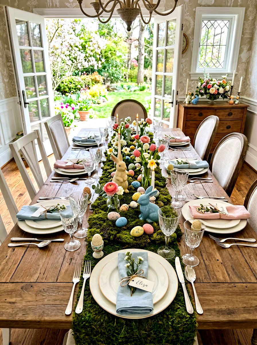 Easter Moss Table Runner - 25 Spring Table Runner Ideas