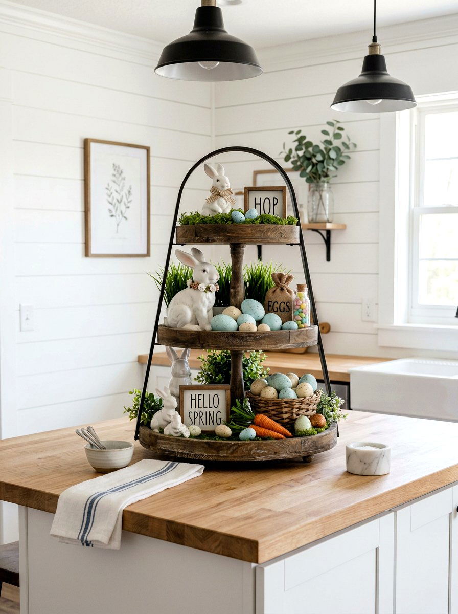 Easter bunny tiered tray - 25 Spring Farmhouse Tiered Tray Ideas