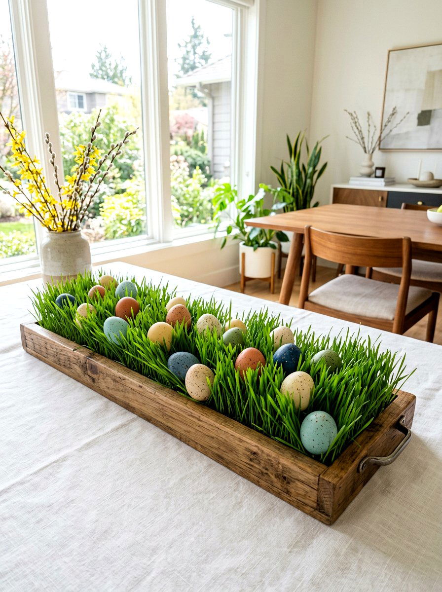 Easter egg wheatgrass tray - 25 Spring Wheatgrass Centerpiece Ideas