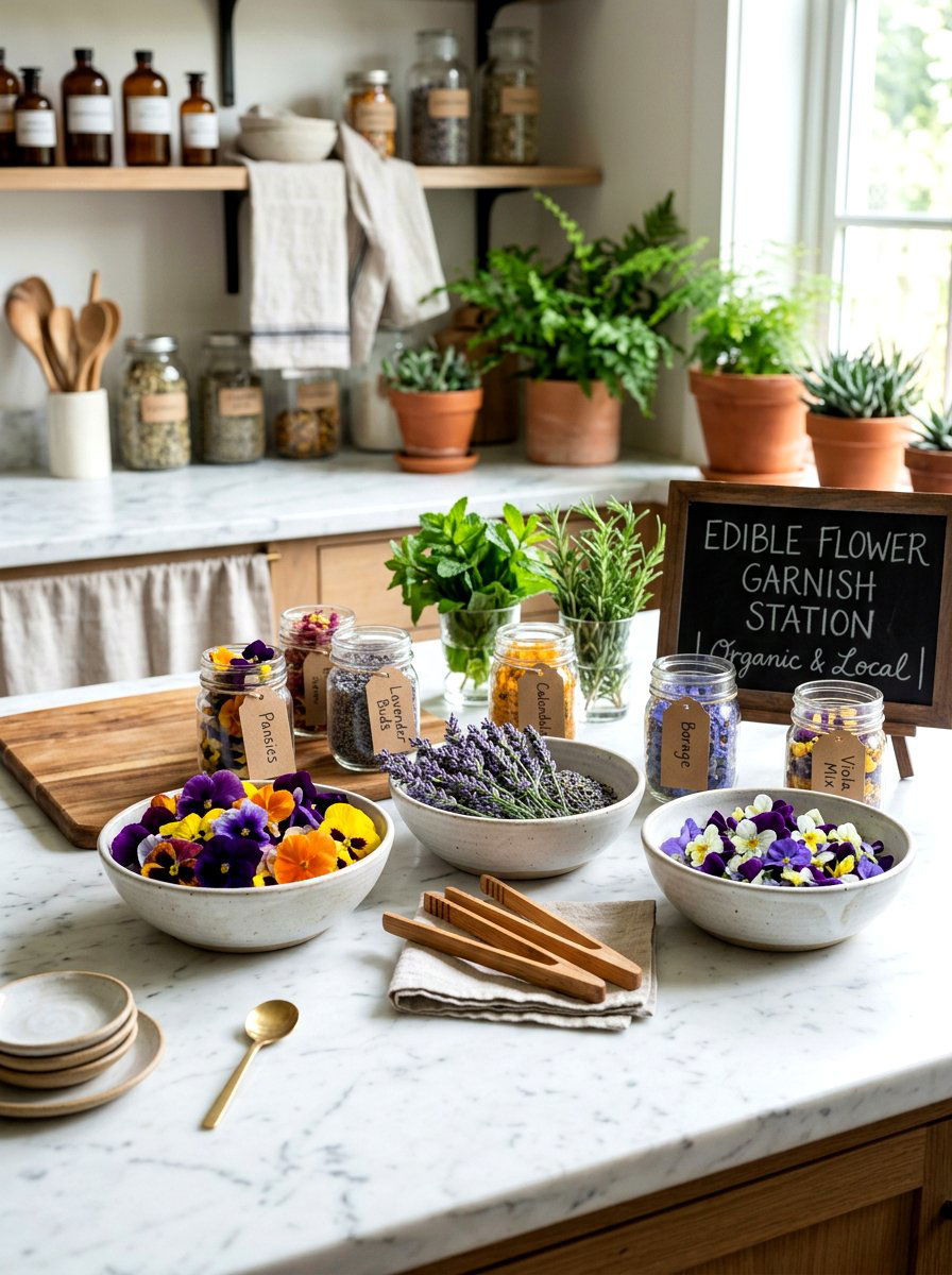 Edible flower garnish station - 25 Spring Cocktail Party Decor Ideas