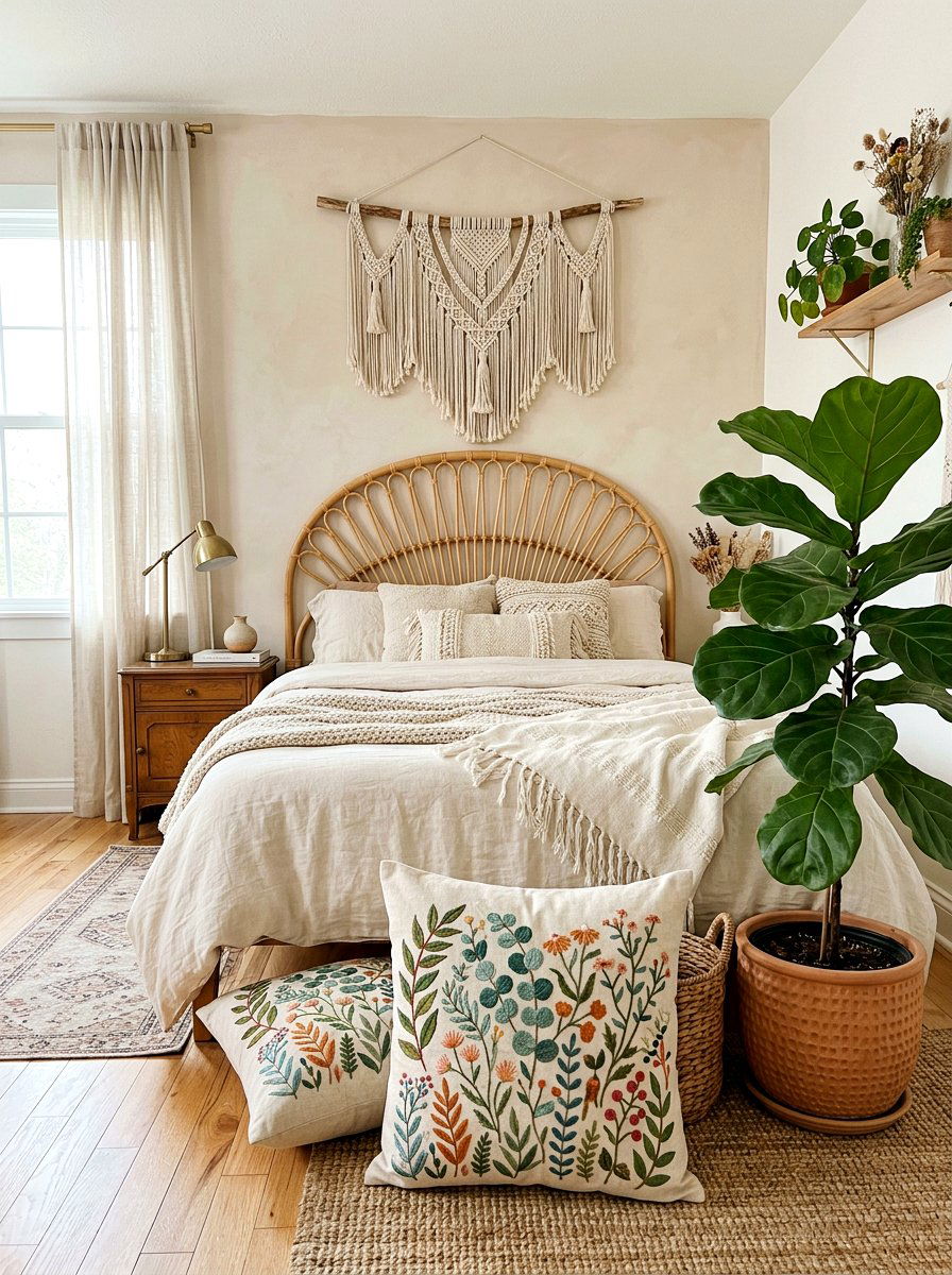 Embroidered Botanical Pillow - 25 Spring Bedroom Pillow Ideas