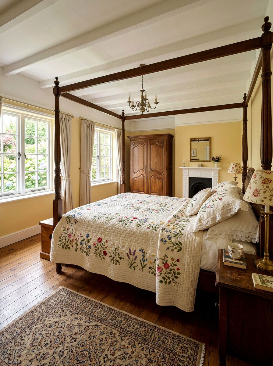 Embroidered Cotton Quilt - 25 Spring Bedroom Decor Ideas