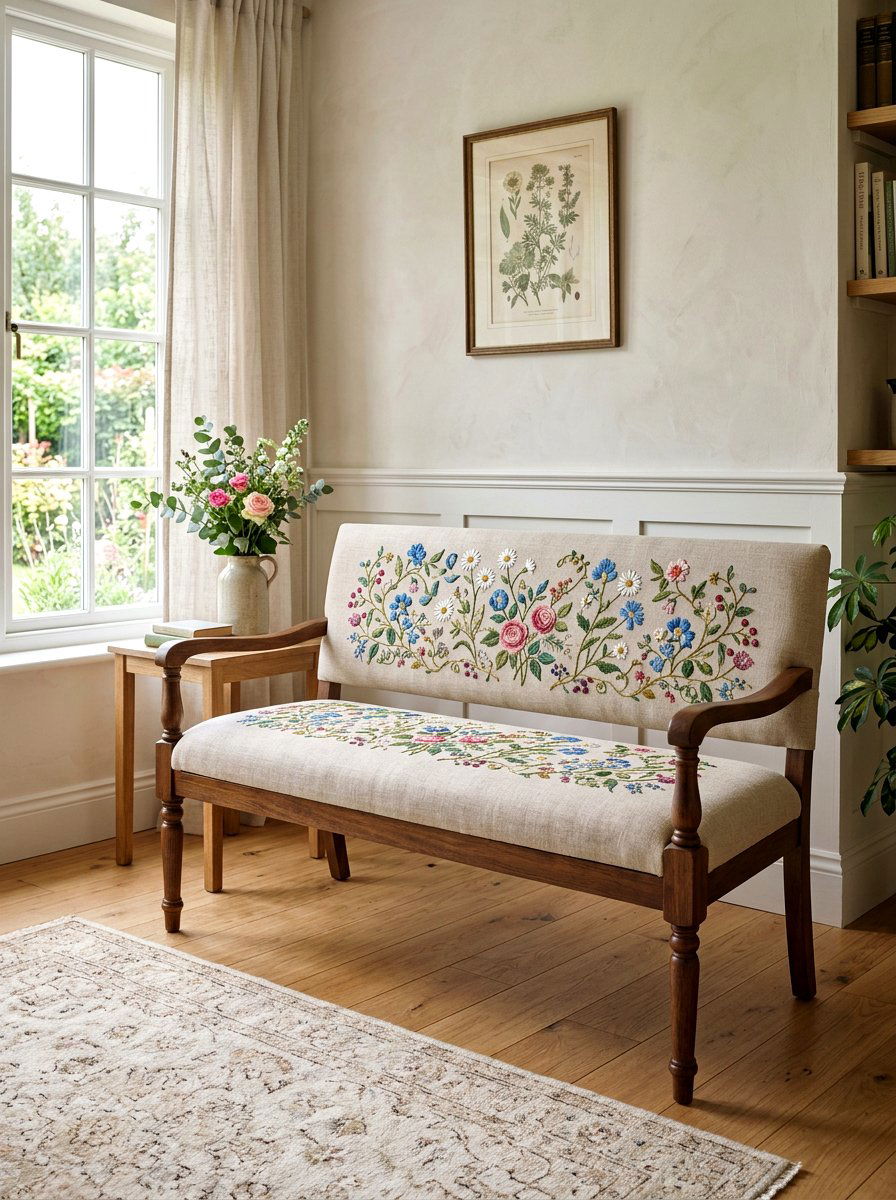 Embroidered Fabric Bench - 25 Spring Bedroom Bench Ideas