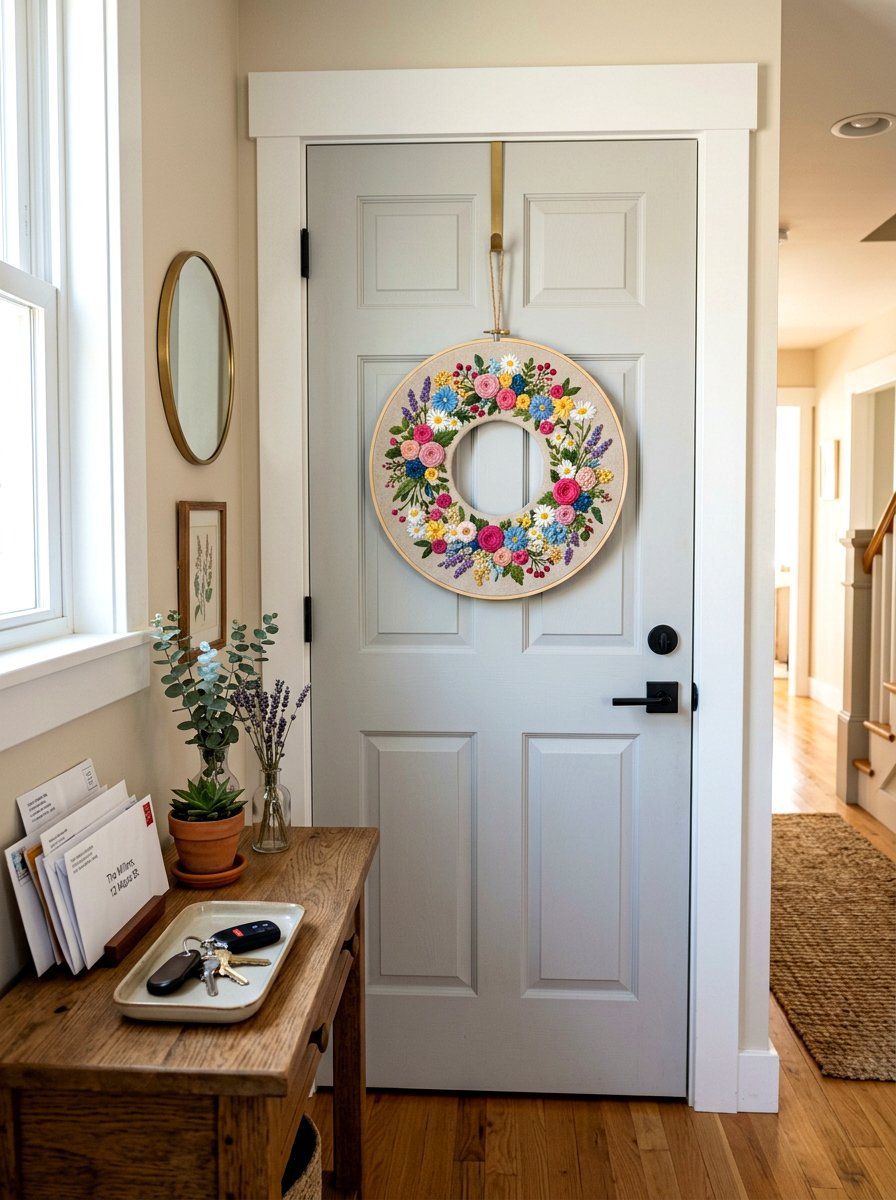 Embroidered Flower Wreath - 25 Spring Embroidered Decor Ideas
