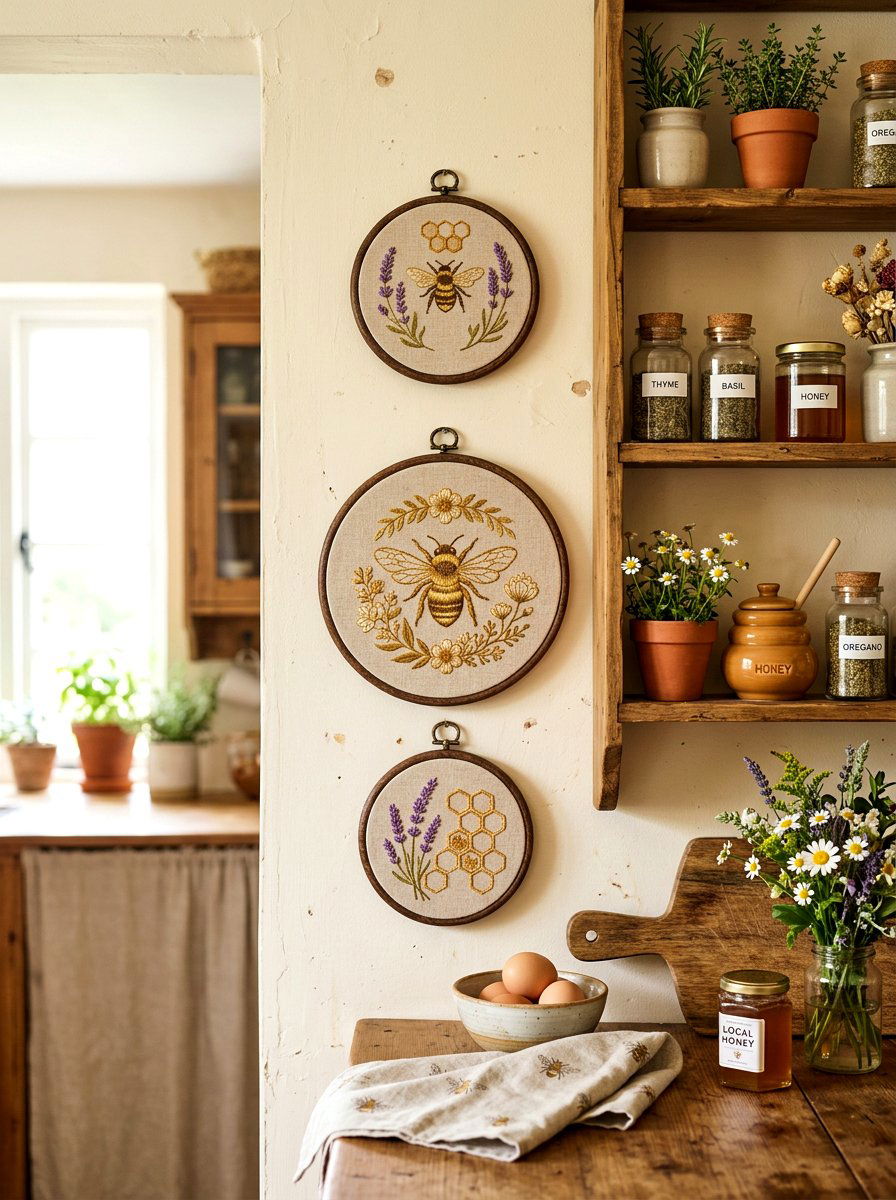Embroidered Honey Bee Art - 25 Spring Embroidered Decor Ideas