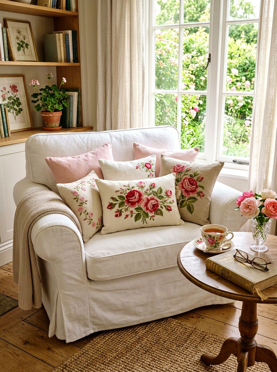 Embroidered Throw Pillow - 25 Spring Shabby Chic Decor Ideas