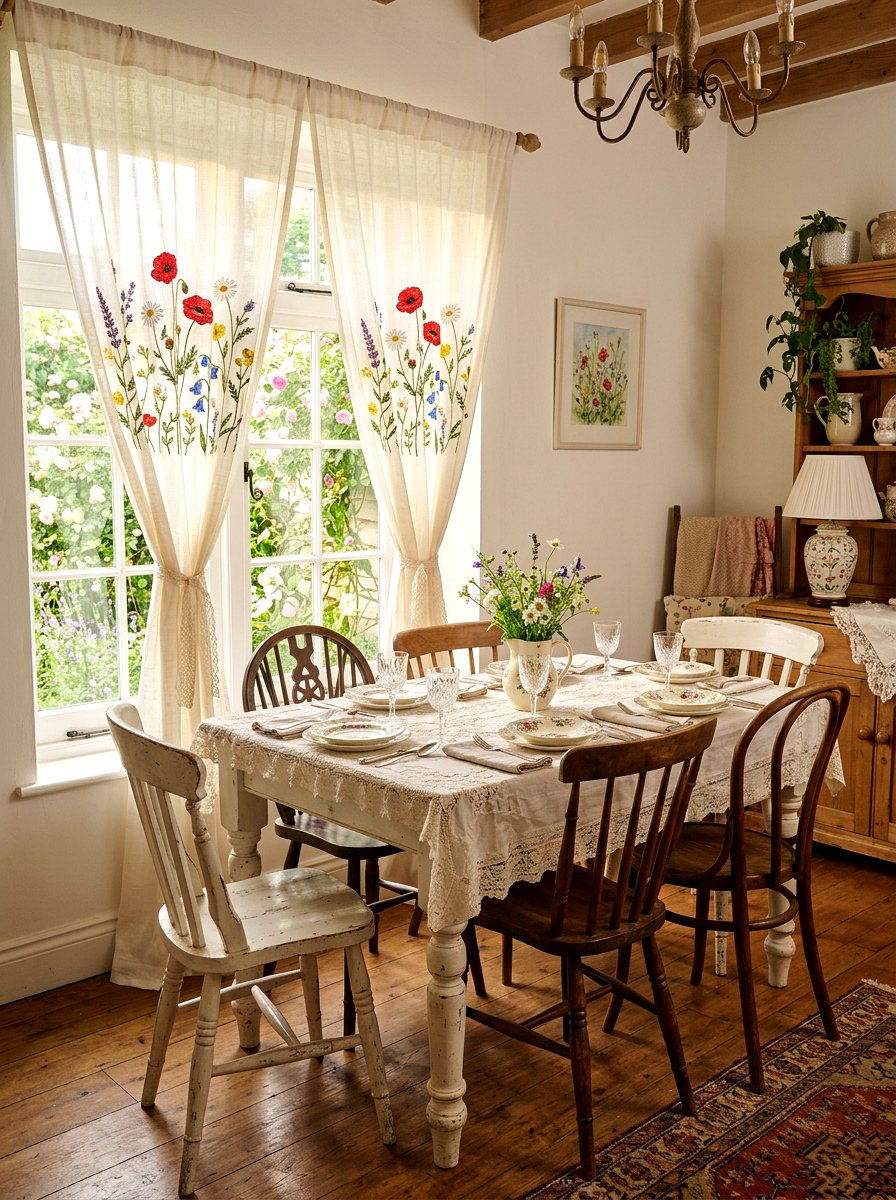 Embroidered Wildflower Window Drape - 25 Spring Dining Room Curtain Ideas