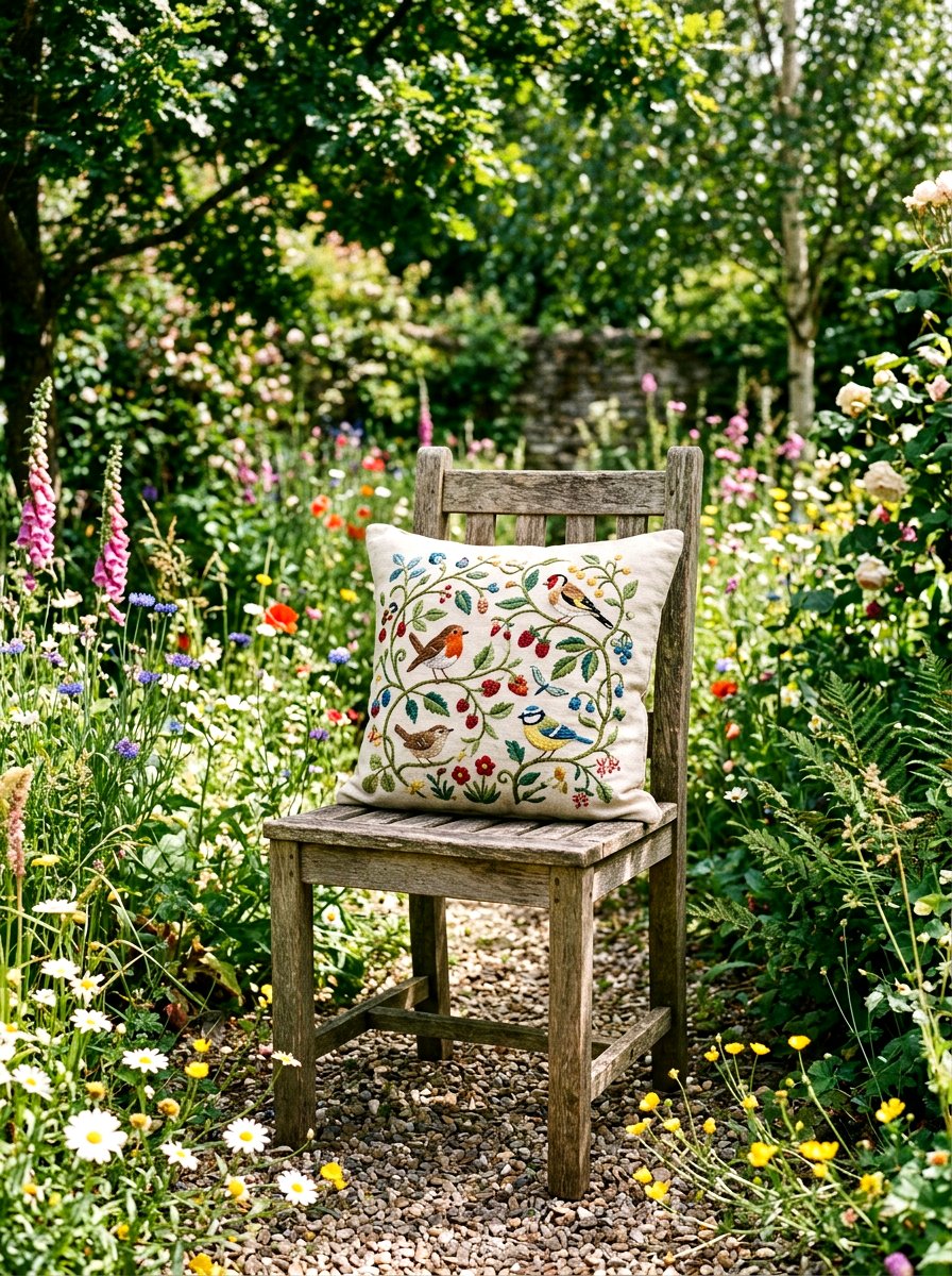Embroidered garden seat cushion - 25 Spring Outdoor Cushion Ideas