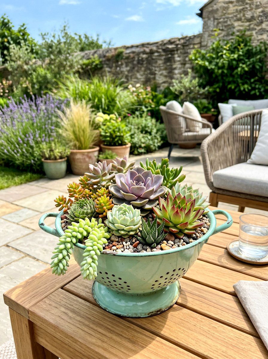 Enamel colander succulent garden - 25 Spring Colander Planter Ideas