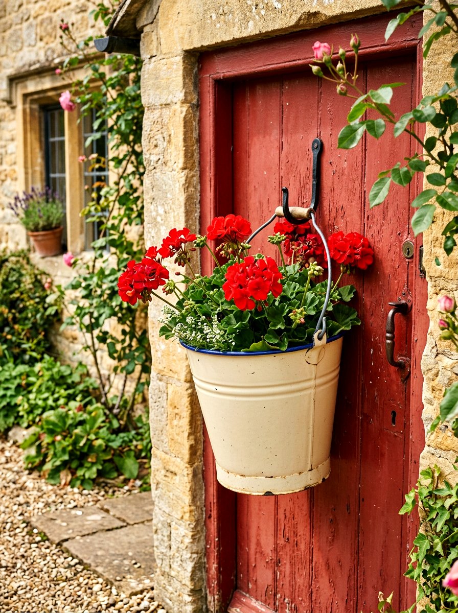 Enamelware flower bucket - 25 Spring Flower Bucket Door Ideas
