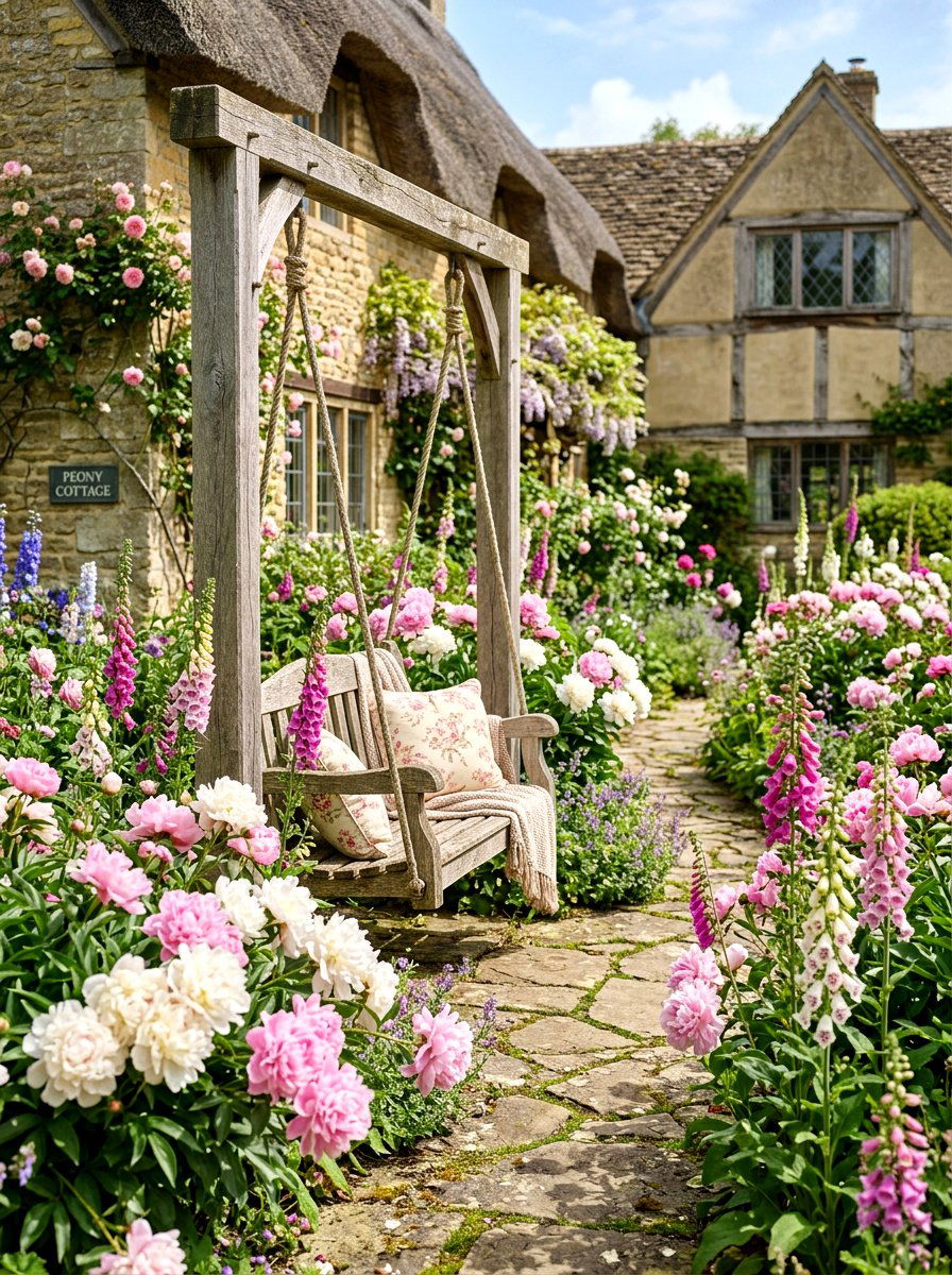 English Cottage Swing Peonies - 25 Spring Garden Swing Decor Ideas