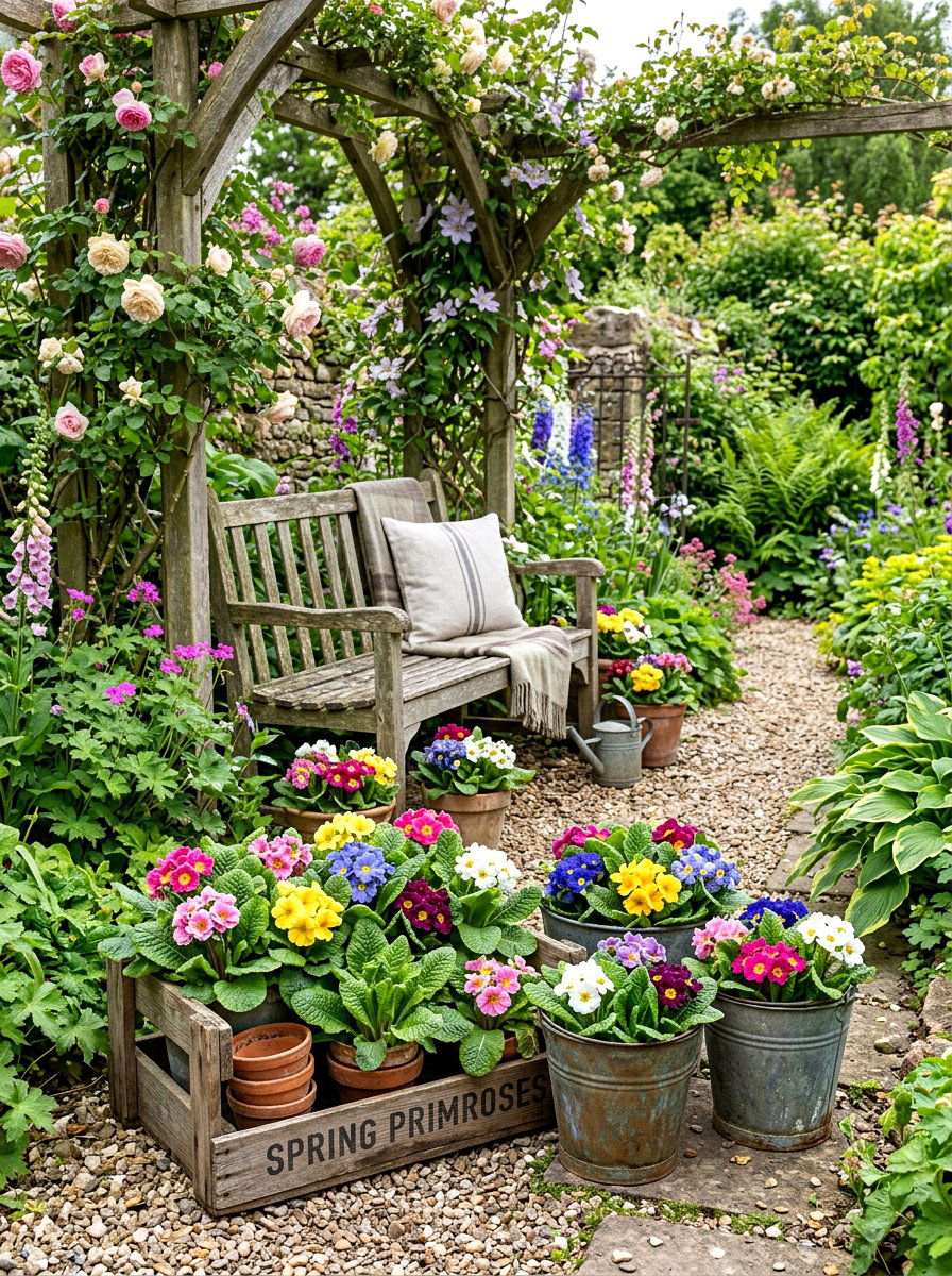 English Primrose Containers - 25 Spring Potted Plant Ideas