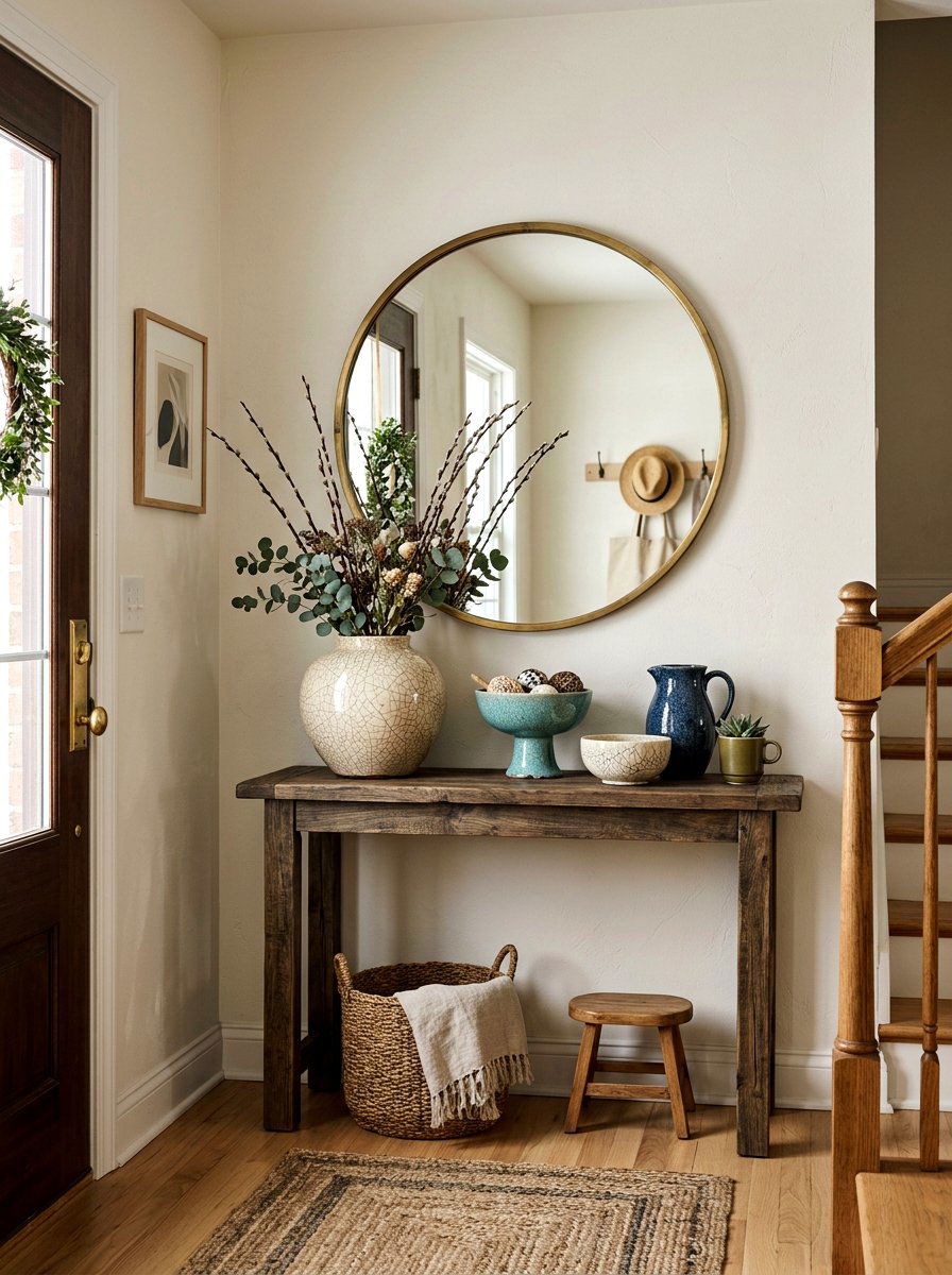 Entry Table With Cracked Glaze Pottery - 25 Spring Wabi Sabi Decor Ideas