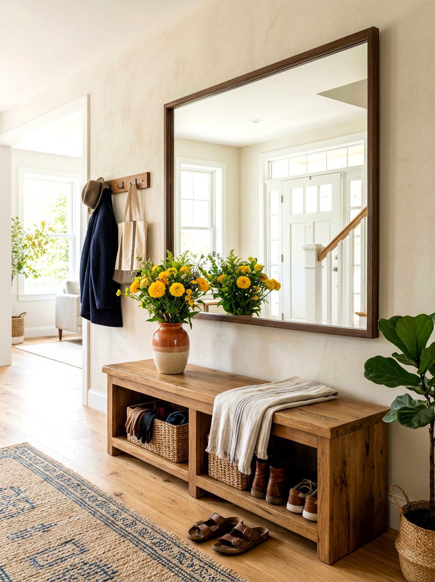 Entryway Bench With Mirror Setup - 25 Spring Entryway Bench Decor Ideas