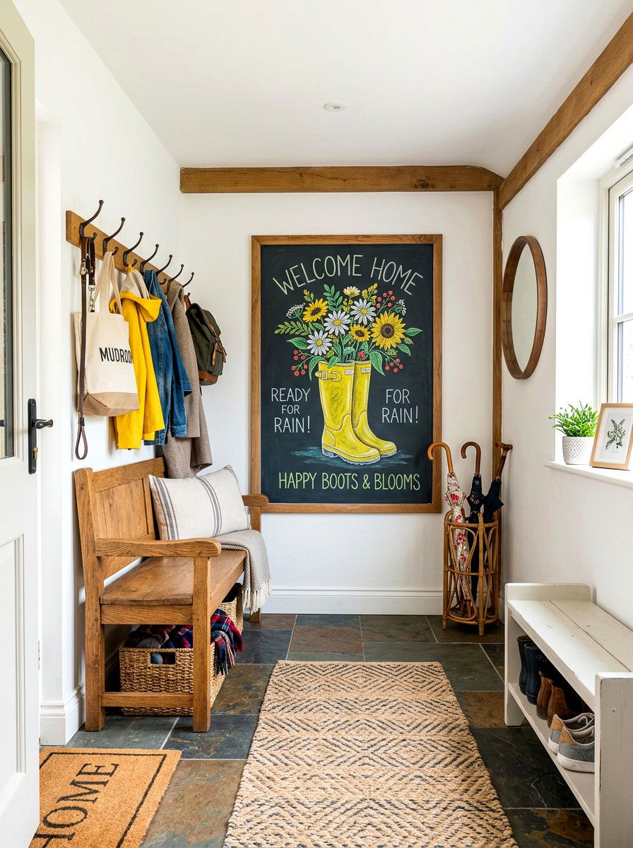 Entryway Chalkboard With Rain Boots - 25 Spring Chalkboard Lettering Ideas