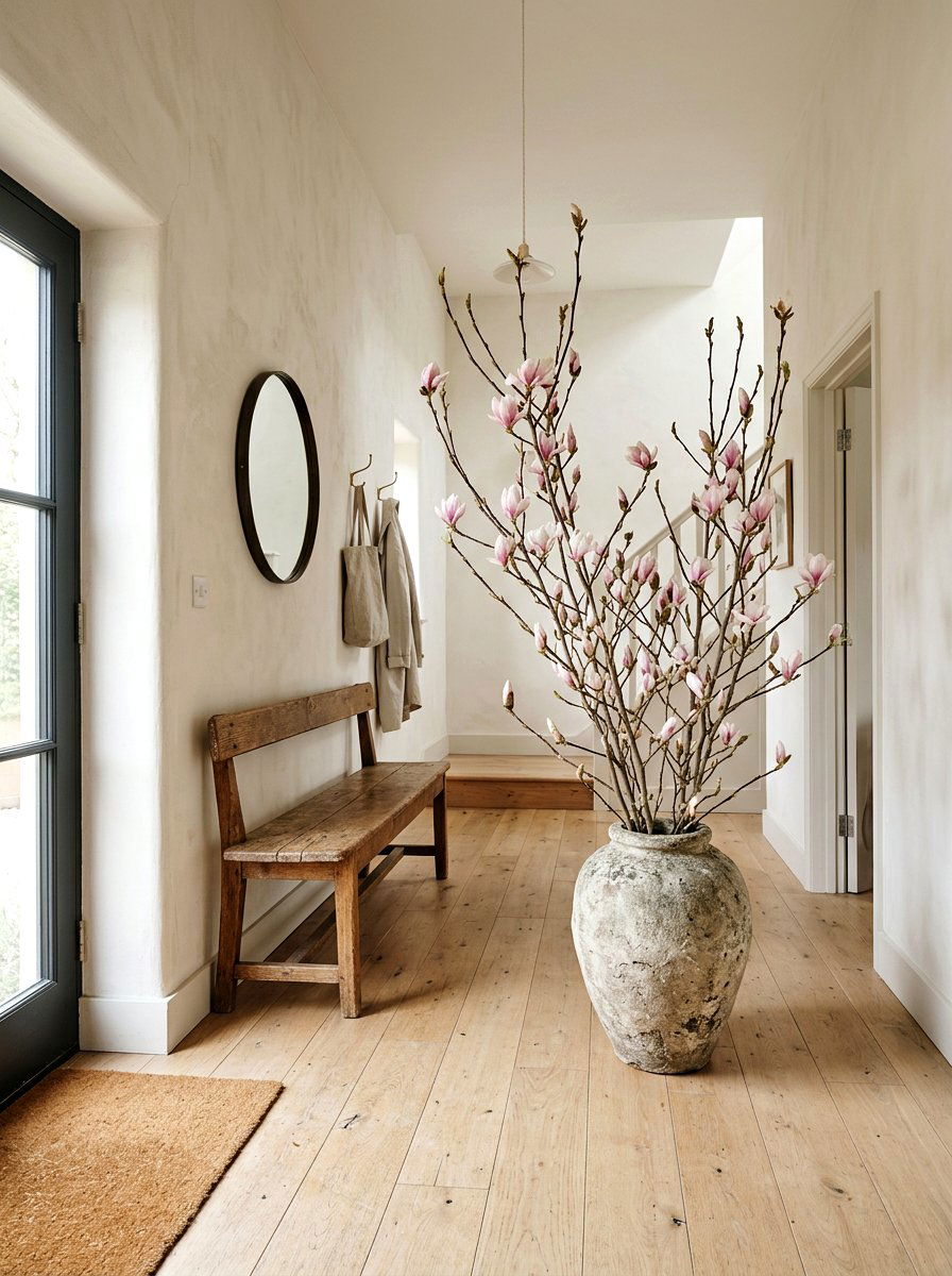 Entryway Featuring Budding Magnolia Branches - 25 Spring Wabi Sabi Decor Ideas