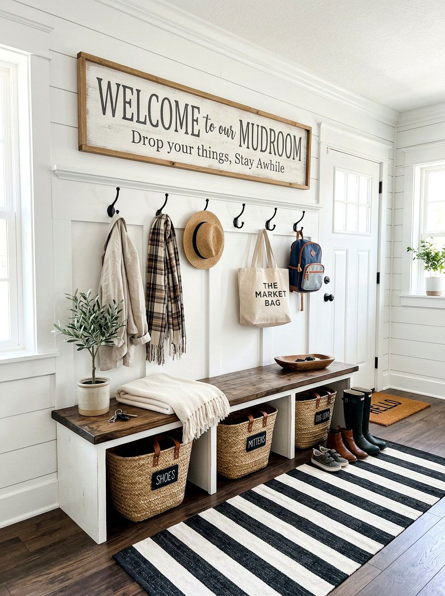 Entryway Mudroom Bench Sign - 25 Spring Farmhouse Sign Ideas