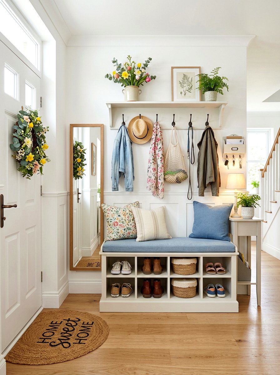 Entryway Storage Bench - 25 Spring Rental Friendly Decor Ideas