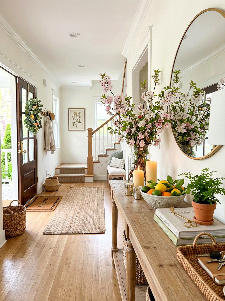 Entryway console spring candle decor - 25 Spring Pillar Candle Ideas