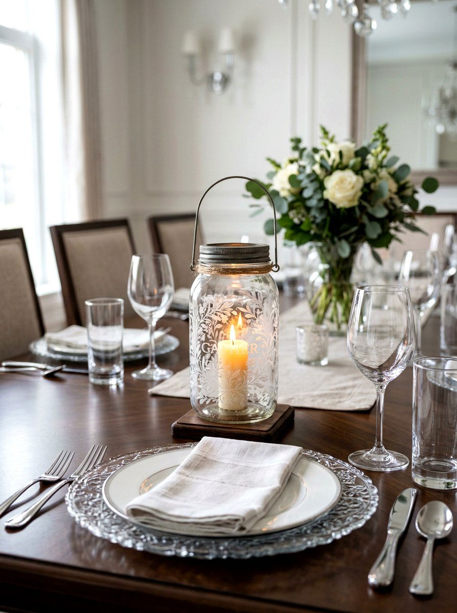 Etched Mason Jar Lantern - 25 Spring Mason Jar Lantern Ideas