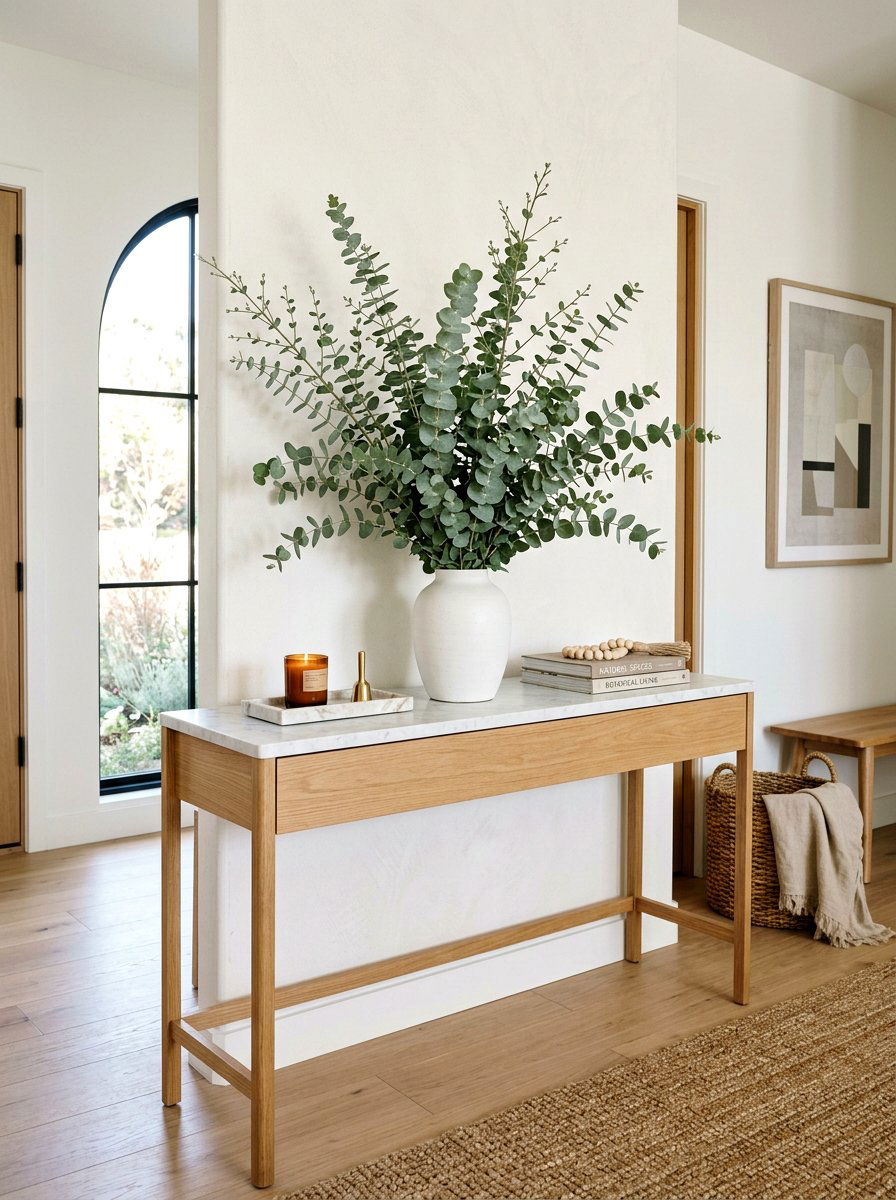 Eucalyptus And Greenery Console Table - 25 Spring Sofa Table Decor Ideas