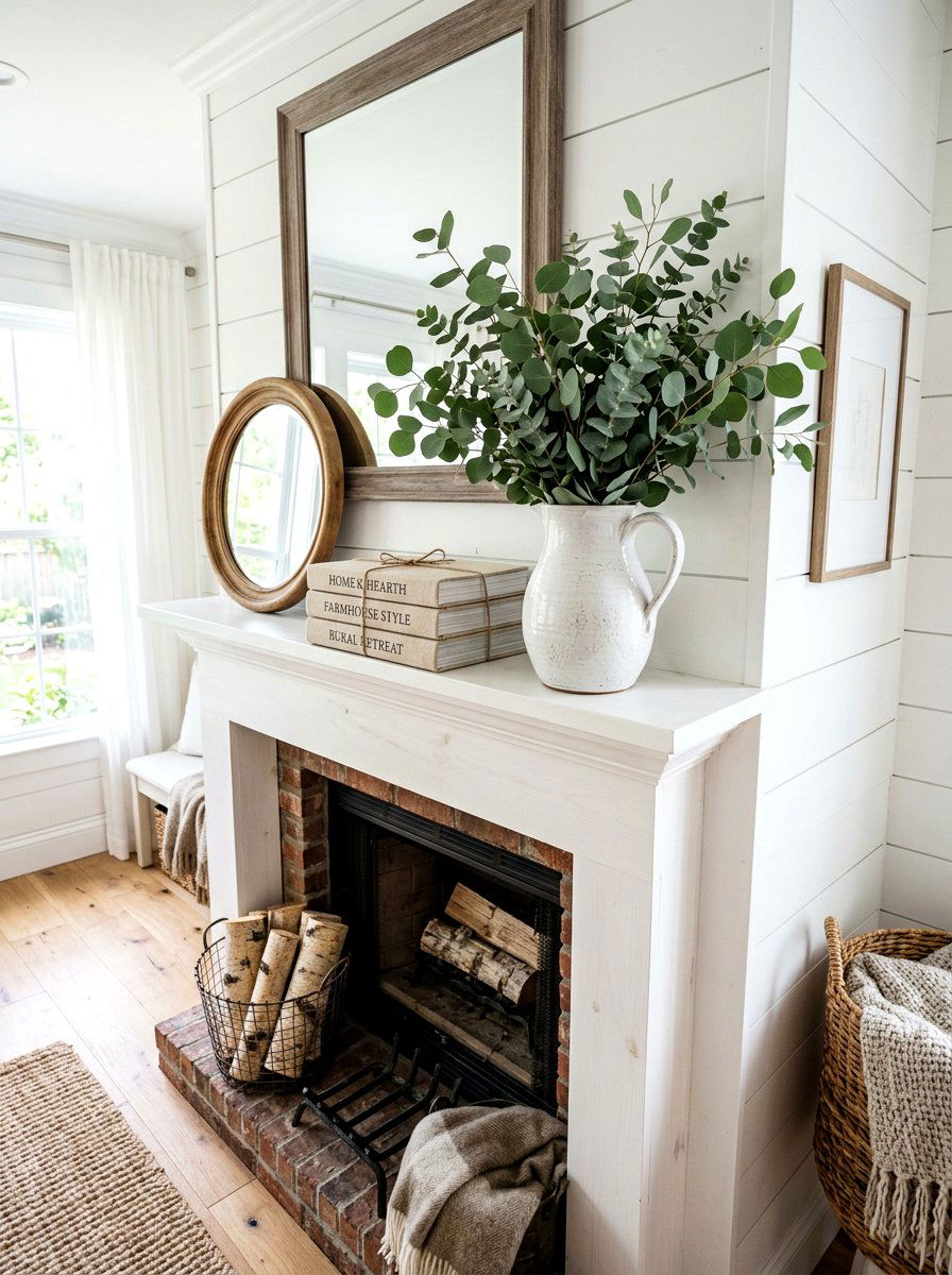 Eucalyptus And White Pitcher - 25 Spring Mantel Vignette Ideas